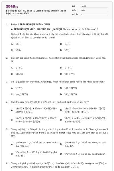 Bộ 5 đề thi cuối kì 2 Toán 10 Cánh diều cấu trúc mới (có tự luận) có đáp án - Đề 5
