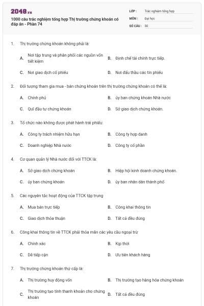 1000 câu trắc nghiệm tổng hợp Thị trường chứng khoán có đáp án - Phần 74