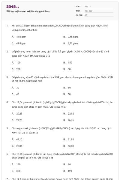 Bài tập một amino axit tác dụng với bazơ