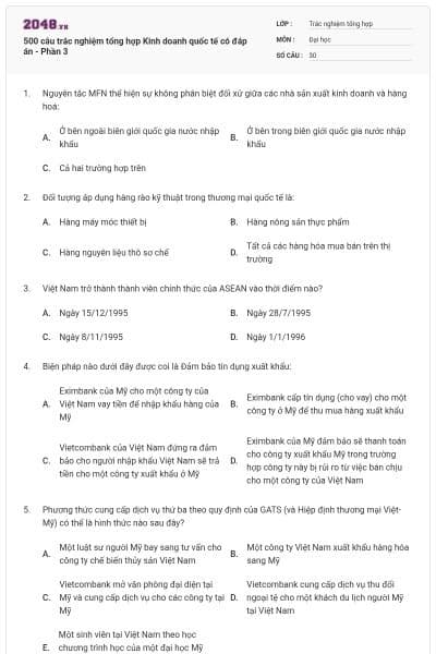 500 câu trắc nghiệm tổng hợp Kinh doanh quốc tế có đáp án - Phần 3