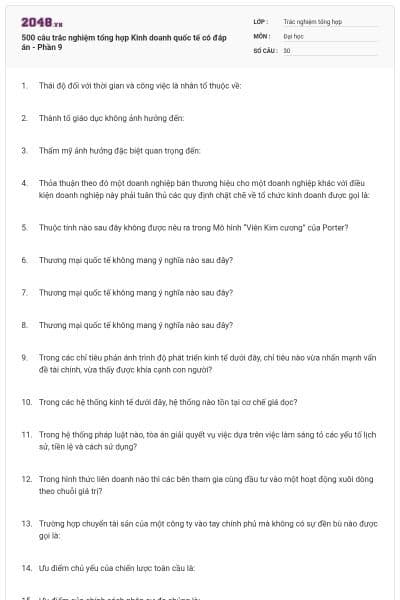 500 câu trắc nghiệm tổng hợp Kinh doanh quốc tế có đáp án - Phần 9