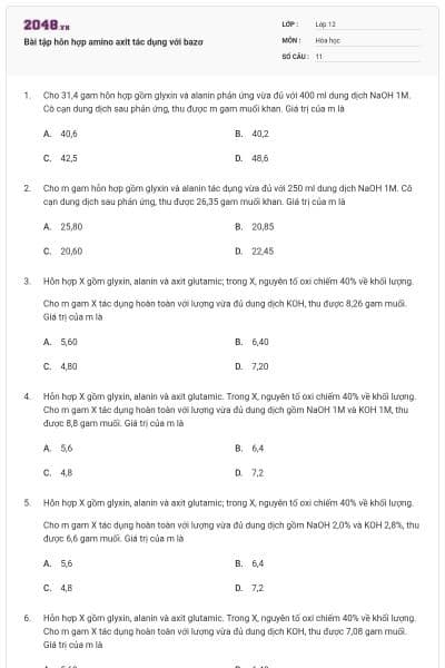 Bài tập hỗn hợp amino axit tác dụng với bazơ