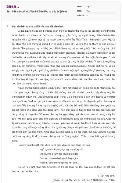 Bộ 10 đề thi cuối kì 2 Văn 9 Cánh diều có đáp án (Đề 6)