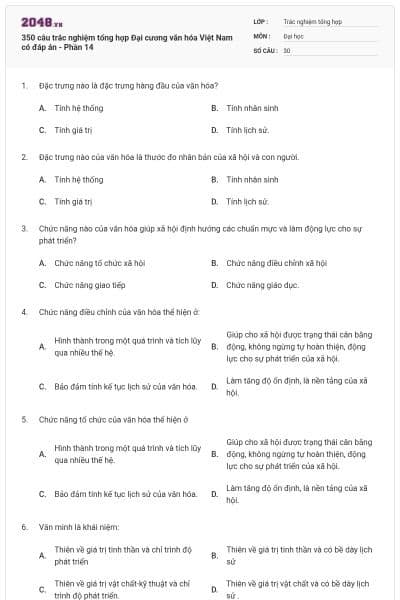 350 câu trắc nghiệm tổng hợp Đại cương văn hóa Việt Nam có đáp án - Phần 14