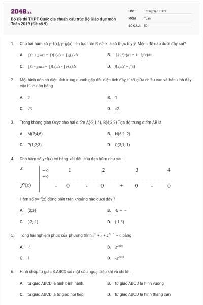 Bộ Đề thi THPT Quốc gia chuẩn cấu trúc Bộ Giáo dục môn Toán 2019 (Đề số 9)