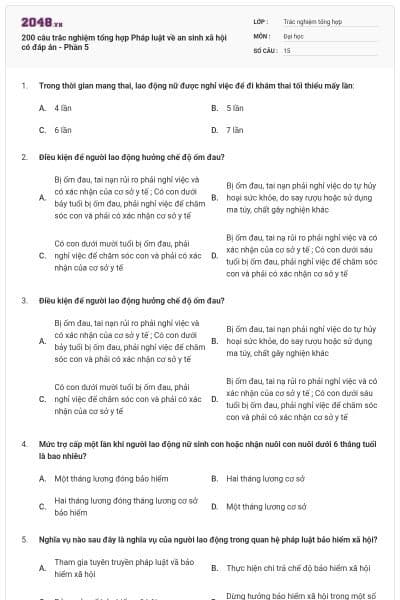 200 câu trắc nghiệm tổng hợp Pháp luật về an sinh xã hội có đáp án - Phần 5