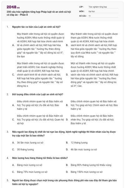 200 câu trắc nghiệm tổng hợp Pháp luật về an sinh xã hội có đáp án - Phần 8