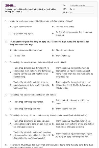 200 câu trắc nghiệm tổng hợp Pháp luật về an sinh xã hội có đáp án - Phần 9