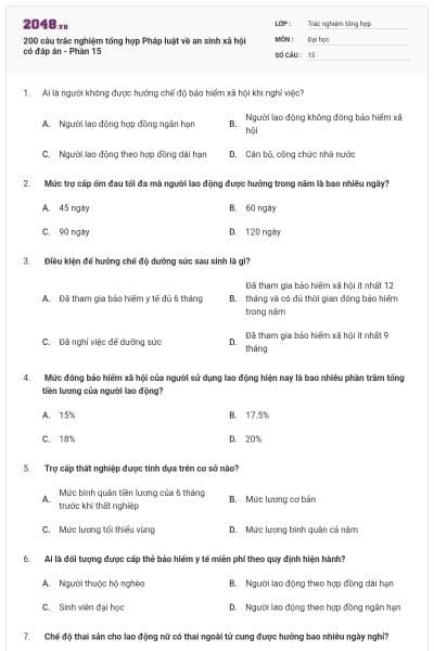 200 câu trắc nghiệm tổng hợp Pháp luật về an sinh xã hội có đáp án - Phần 15