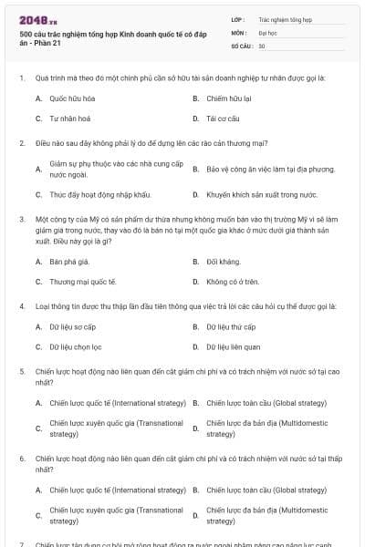 500 câu trắc nghiệm tổng hợp Kinh doanh quốc tế có đáp án - Phần 21