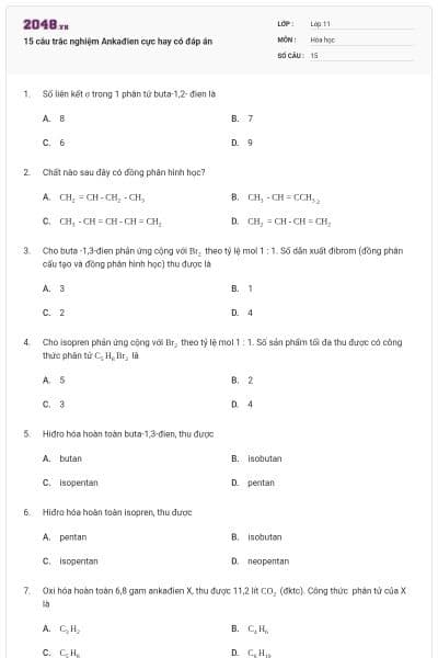 15 câu trắc nghiệm Ankađien cực hay có đáp án