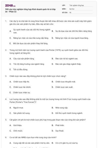 500 câu trắc nghiệm tổng hợp Kinh doanh quốc tế có đáp án - Phần 22