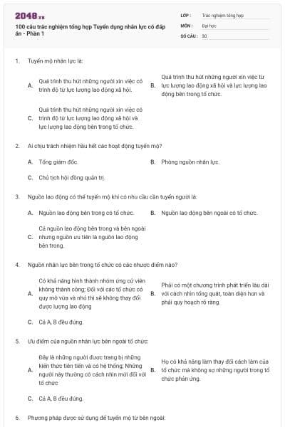 100 câu trắc nghiệm tổng hợp Tuyển dụng nhân lực có đáp án - Phần 1