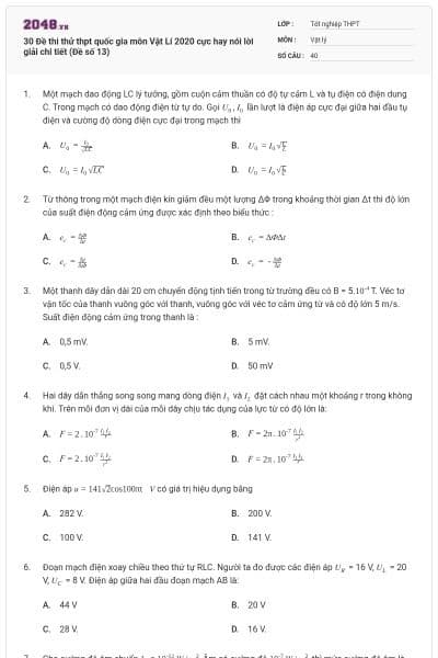 30 Đề thi thử thpt quốc gia môn Vật Lí 2020 cực hay nói lời giải chi tiết (Đề số 13)