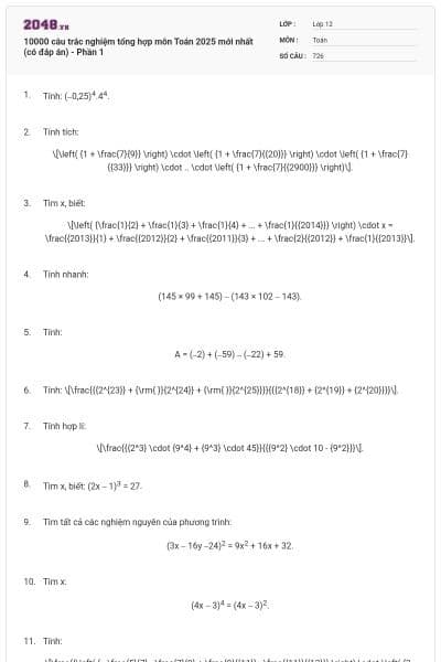 10000 câu trắc nghiệm tổng hợp môn Toán 2025 mới nhất (có đáp án) - Phần 1