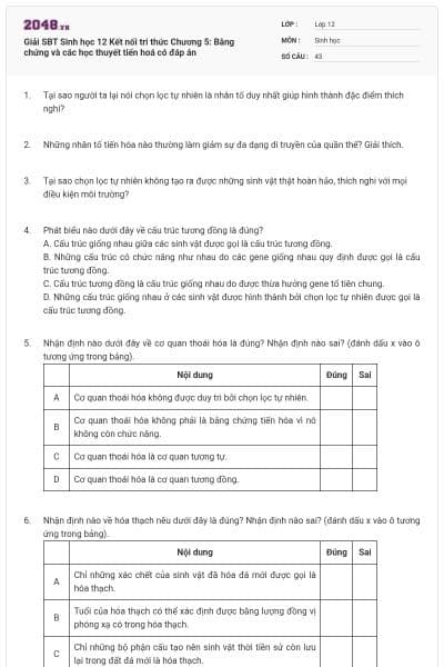 Giải SBT Sinh học 12 Kết nối tri thức Chương 5: Bằng chứng và các học thuyết tiến hoá có đáp án