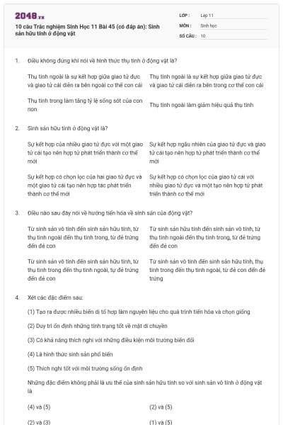 10 câu  Trắc nghiệm Sinh Học 11 Bài 45 (có đáp án): Sinh sản hữu tính ở động vật