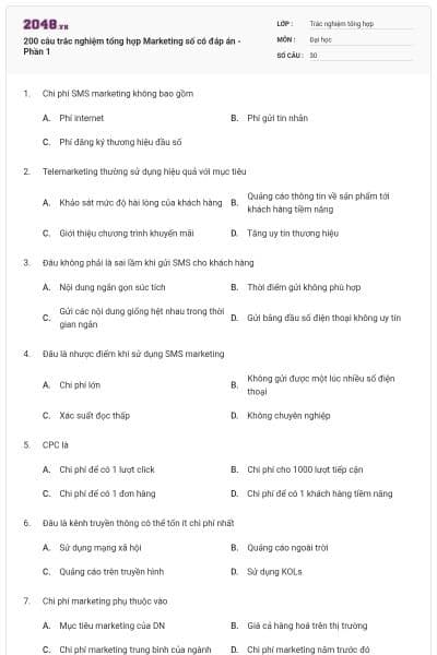 200 câu trắc nghiệm tổng hợp Marketing số có đáp án - Phần 1