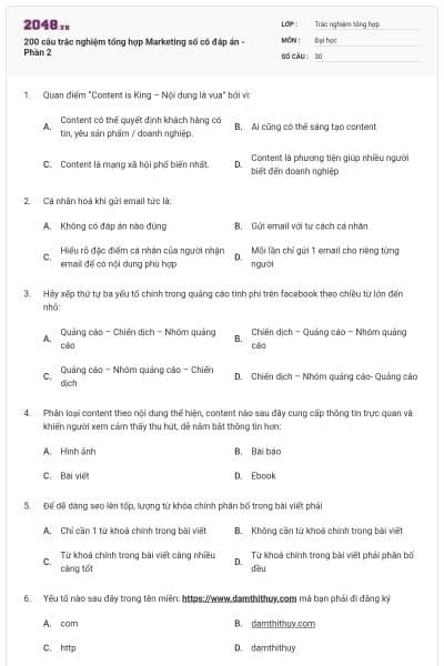 200 câu trắc nghiệm tổng hợp Marketing số có đáp án - Phần 2