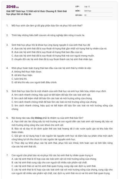 Giải SBT Sinh học 12 Kết nối tri thức Chương 8: Sinh thái học phục hồi có đáp án