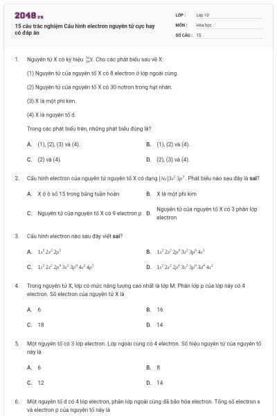 15 câu trắc nghiệm Cấu hình electron nguyên tử cực hay có đáp án