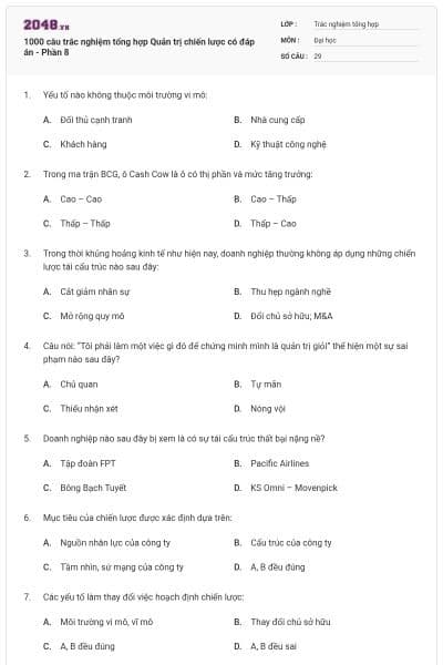 1000 câu trắc nghiệm tổng hợp Quản trị chiến lược có đáp án - Phần 8