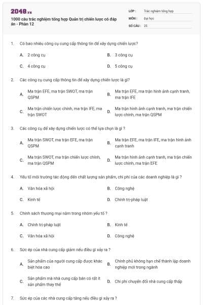 1000 câu trắc nghiệm tổng hợp Quản trị chiến lược có đáp án - Phần 12