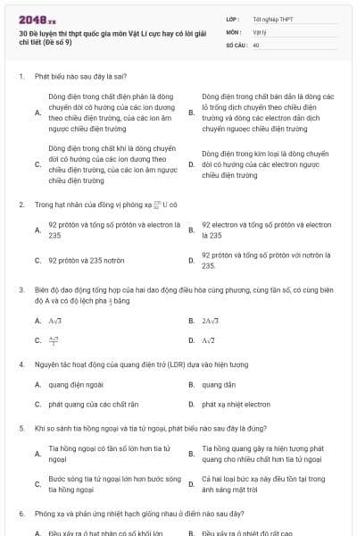 30 Đề luyện thi thpt quốc gia môn Vật Lí cực hay có lời giải chi tiết (Đề số 9)