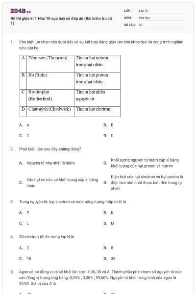 Đề thi giữa kì 1 Hóa 10 cực hay có đáp án (Bài kiểm tra số 1)