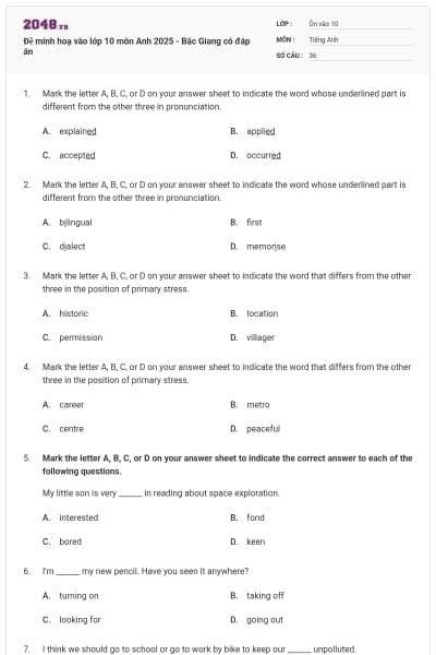 Đề minh hoạ vào lớp 10 môn Anh 2025 - Bắc Giang có đáp án