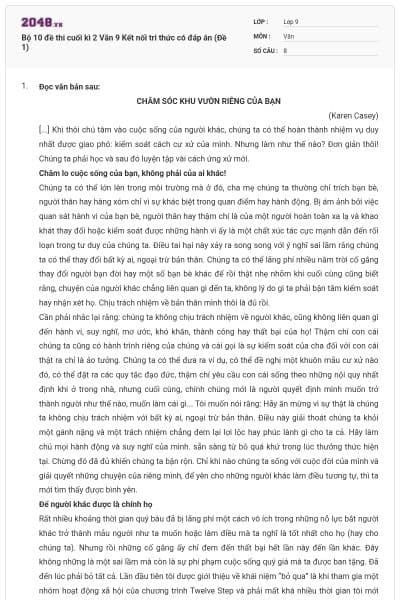 Bộ 10 đề thi cuối kì 2 Văn 9 Kết nối tri thức có đáp án (Đề 1)