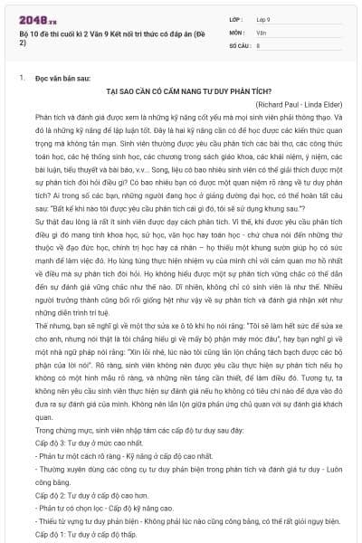 Bộ 10 đề thi cuối kì 2 Văn 9 Kết nối tri thức có đáp án (Đề 2)