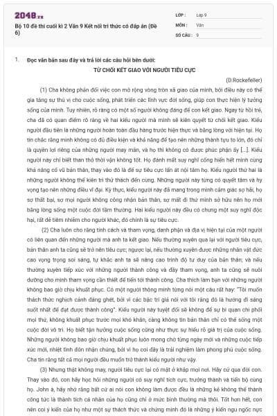 Bộ 10 đề thi cuối kì 2 Văn 9 Kết nối tri thức có đáp án (Đề 6)