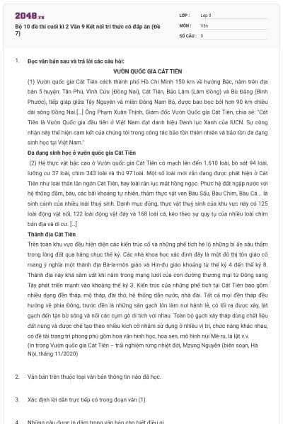 Bộ 10 đề thi cuối kì 2 Văn 9 Kết nối tri thức có đáp án (Đề 7)