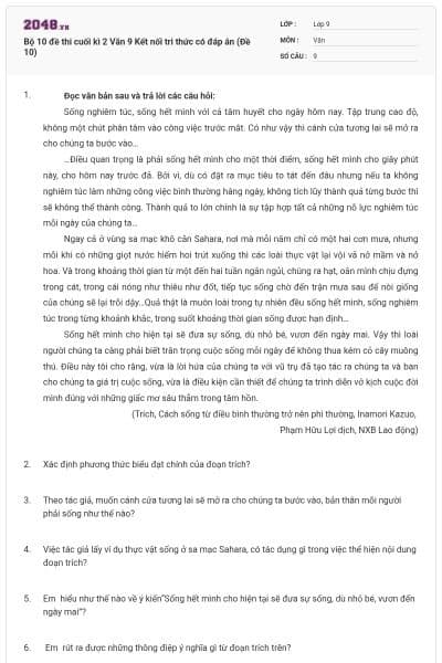 Bộ 10 đề thi cuối kì 2 Văn 9 Kết nối tri thức có đáp án (Đề 10)