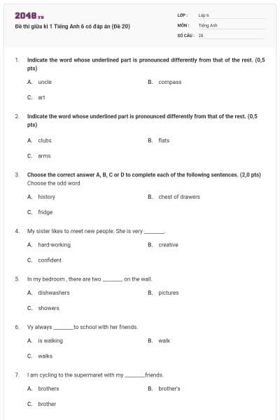 Đề thi giữa kì 1 Tiếng Anh 6 có đáp án (Đề 20)