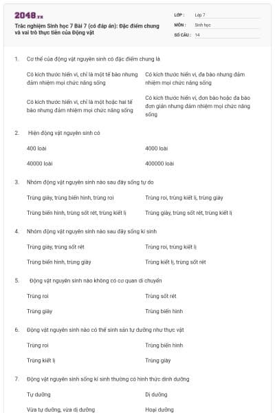 Trắc nghiệm Sinh học 7 Bài 7 (có đáp án): Đặc điểm chung và vai trò thực tiễn của Động vật