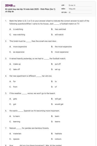 Đề minh hoạ vào lớp 10 môn Anh 2025 - Vĩnh Phúc (lần 1) có đáp án