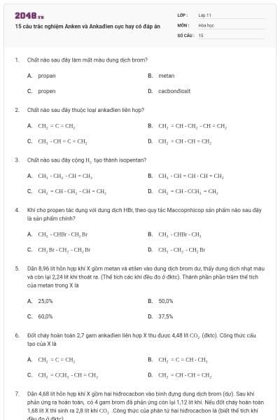 15 câu trắc nghiệm Anken và Ankađien cực hay có đáp án