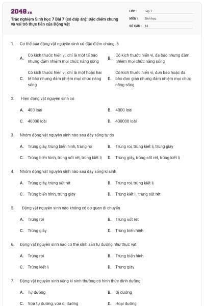 Trắc nghiệm Sinh học 7 Bài 7 (có đáp án): Đặc điểm chung và vai trò thực tiễn của Động vật
