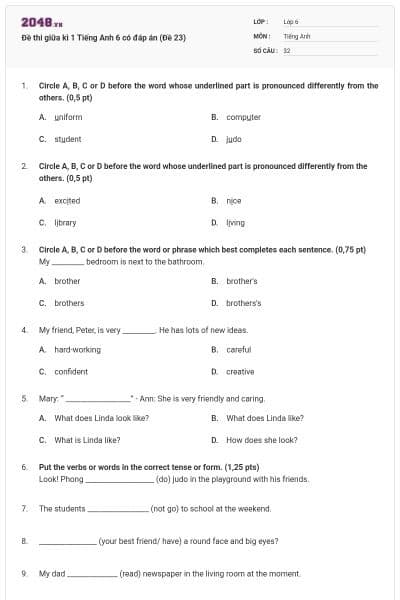 Đề thi giữa kì 1 Tiếng Anh 6 có đáp án (Đề 23)