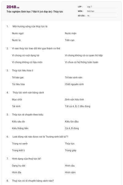 Trắc nghiệm Sinh học 7 Bài 8 (có đáp án): Thủy tức