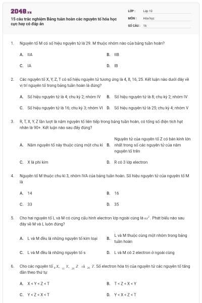 15 câu trắc nghiệm Bảng tuần hoàn các nguyên tố hóa học cực hay có đáp án