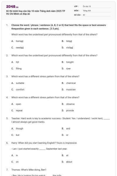 Đề thi minh hoạ vào lớp 10 môn Tiếng Anh năm 2025 TP Hồ Chí Minh có đáp án
