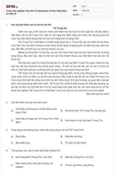 5 câu trắc nghiệm Trao đổi: Vì hạnh phúc trẻ thơ Cánh diều có đáp án