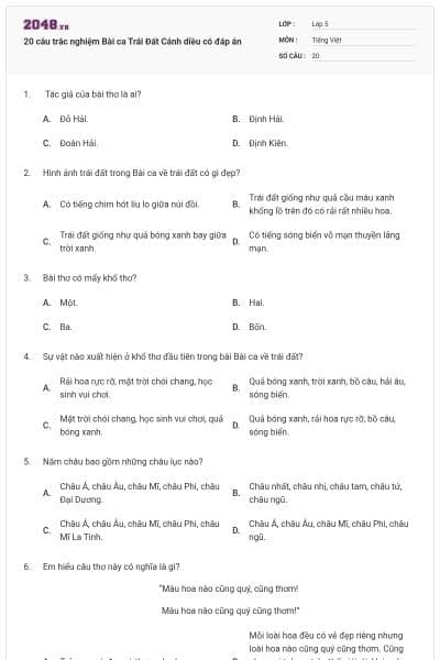 20 câu trắc nghiệm Bài ca Trái Đất Cánh diều có đáp án