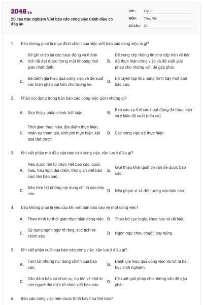 20 câu trắc nghiệm Viết báo cáo công việc Cánh diều có đáp án