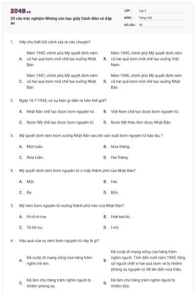 20 câu trắc nghiệm Những con hạc giấy Cánh diều có đáp án
