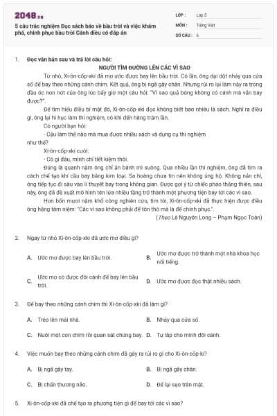 5 câu trắc nghiệm Đọc sách báo về bầu trời và việc khám phá, chinh phục bầu trời Cánh diều có đáp án