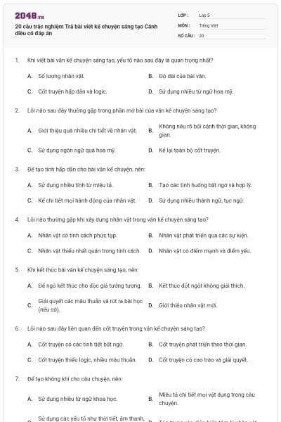 20 câu trắc nghiệm Trả bài viết kể chuyện sáng tạo Cánh diều có đáp án